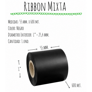 ROLLO RIBBON 055x600 NEGRO MIXTA - Cabezal VERTICE