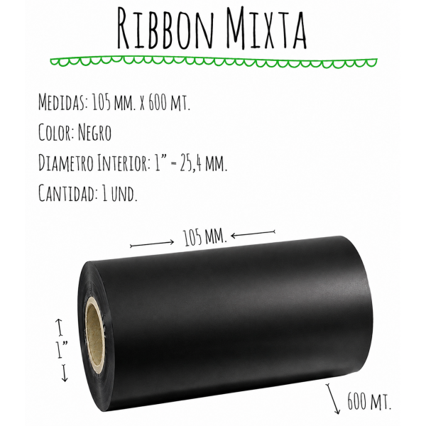 ROLLO RIBBON 105x600 NEGRO MIXTA - Cabezal VERTICE