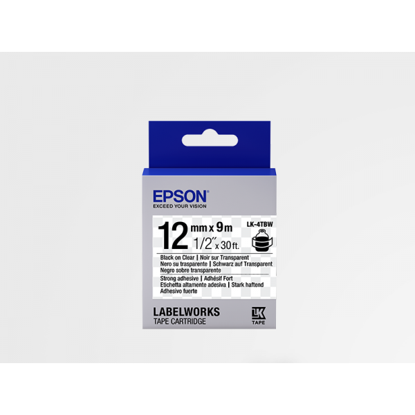 Cinta Adhesiva Resistente de Etiquetas Epson LK-4TBW Negra/Transparente 12mm (9 m) Cinta Adhesiva Resistente de Etiquetas Epson LK-4TBW Negra/Transparente 12mm (9 m)