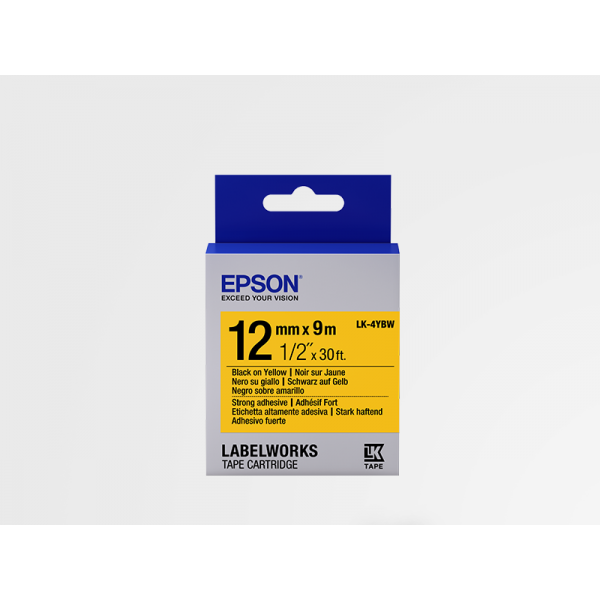 Cinta Adhesiva Resistente de Etiquetas Epson LK-4YBW Negra/Amarilla 12mm (9 m) Cinta Adhesiva Resistente de Etiquetas Epson LK-4YBW Negra/Amarilla 12mm (9 m)