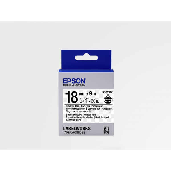 Cinta Adhesiva Resistente de Etiquetas Epson LK-5TBW Negra/Transparente 18mm (9 m) Cinta Adhesiva Resistente de Etiquetas Epson LK-5TBW Negra/Transparente 18mm (9 m)