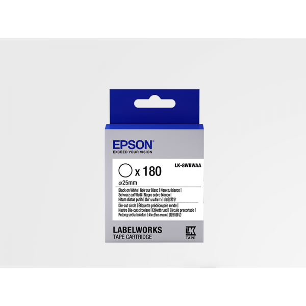 Cartucho de Etiquetas Cortadas Redondas Epson LK-8WBWAA Negro/Blanco 25 mm (180 etiquetas) Cartucho de Etiquetas Cortadas Redondas Epson LK-8WBWAA Negro/Blanco 25 mm (180 etiquetas)
